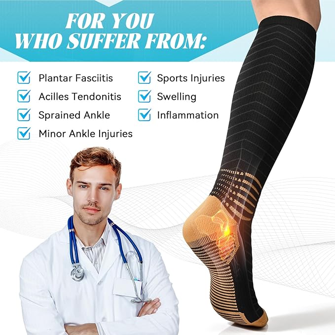 IRAMY Copper Compression Socks for Men Women 15-20 mmHg Ankle Support V-Shape Gradient Compression Coolmax Wicking Knee High Socks