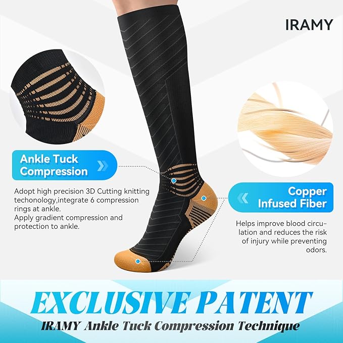 IRAMY Copper Compression Socks for Men Women 15-20 mmHg Ankle Support V-Shape Gradient Compression Coolmax Wicking Knee High Socks