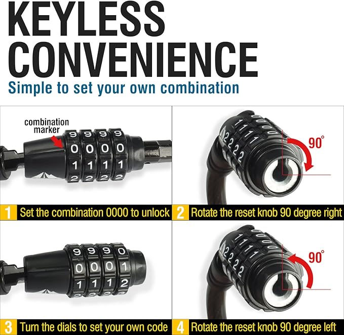 MARQUE Combination Bike Lock Cable- 3/8 inch (5FT, 10FT, 15FT, 25FT) Resettable Combination Lock, Anti-Theft Coiled Secutiry Cable for Bicycles, Kayaks, Paddle Boards, Gates and Outdoor Gear (5 FT)