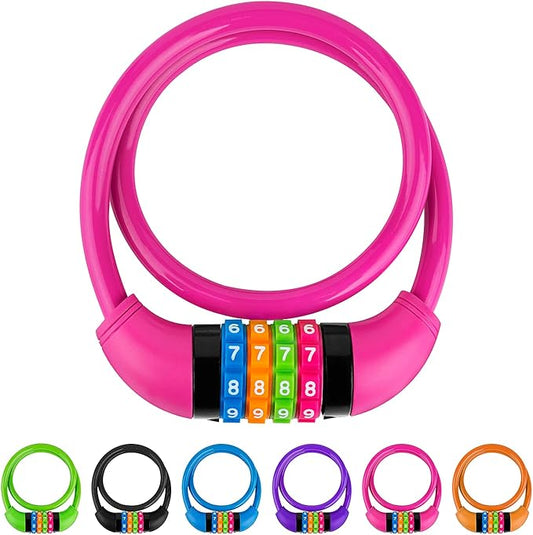 Bike Lock Cable, Bicycle Cable Lock with 4 Digit Combination & Alloy Lock Head, Resettable Combination Kids Bike Cable Lock, 2 Ft x ∅1/2 in (Rose Red)