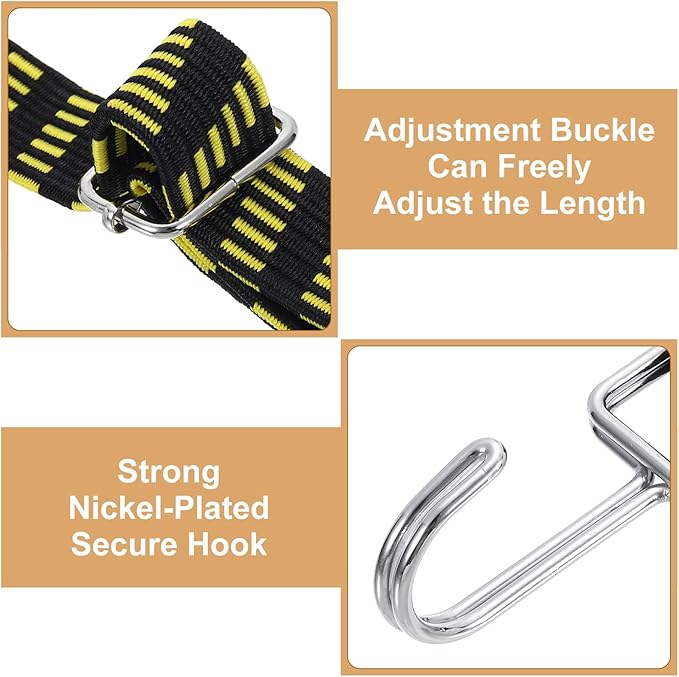 uxcell 2Pcs Adjustable Bungee Cords with Hooks, 79 Inch Flat Heavy Duty Elasticity Straps Rubber Bungee Cords with Buckle for Outdoor, Camping, Tarp, Bike Rack, Luggage, Black Yellow