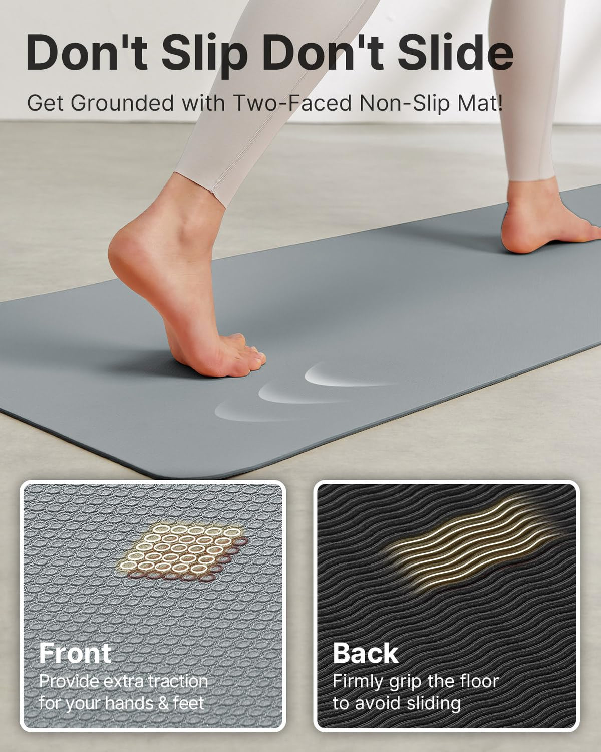 YOTTOY Yoga Mat, Non-Slip TPE Exercise Mat (1/4 Inch) for Pilates, Fitness & Barefoot Workouts, Home Gym Studio with Strap & Bag (Grey, 24 * 0.24 Inches)