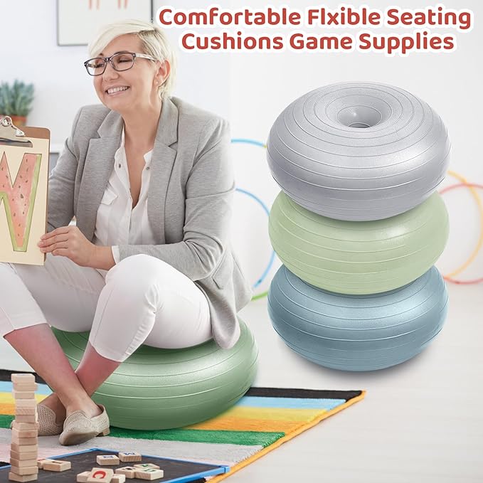 Lewtemi 8 Pcs Flexible Seating for Classroom Elementary 20'' Yoga Ball Chair Large Inflatable Donut Exercise Ball Chair Wobble Seat with Inflator for Kids Student Balance