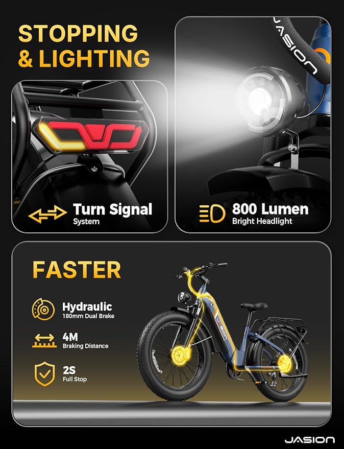 Jasion Thunder Electric Bike, 1500W Peak Motor, 30+MPH Max Speed & 80 Miles with 486Wh Removable Battery, APP Control Ebike for Adults, Hydraulic Brakes, Front Suspension, 26'' x 4'' Fat Tire Bicycles