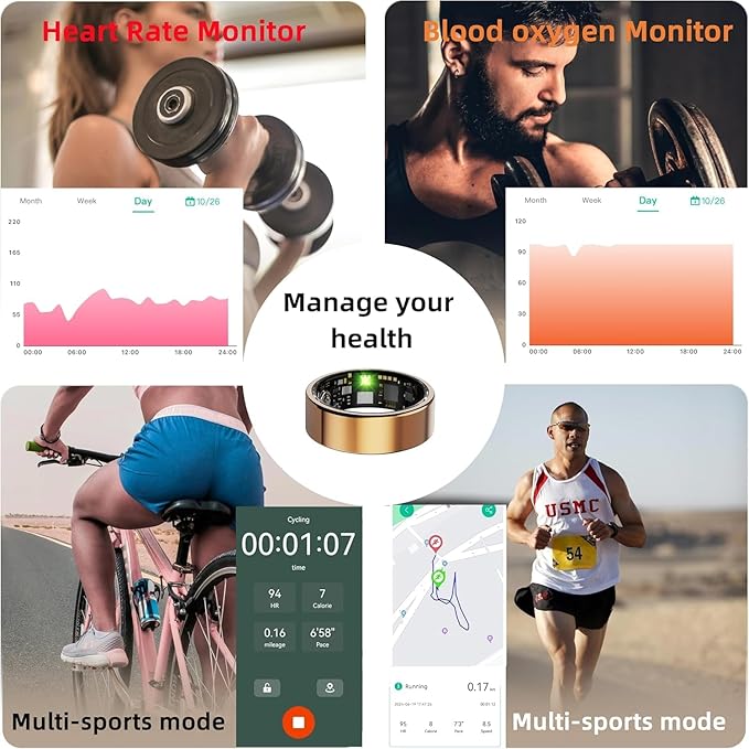 Smart Ring for Women Men, Health Fitness Tracker Rings, IP68 Waterproof, Long Lasting Batteries Sleep Ring with Charging Case and Protector, Remote Photography, No App Fees (Rose Gold, 7#)