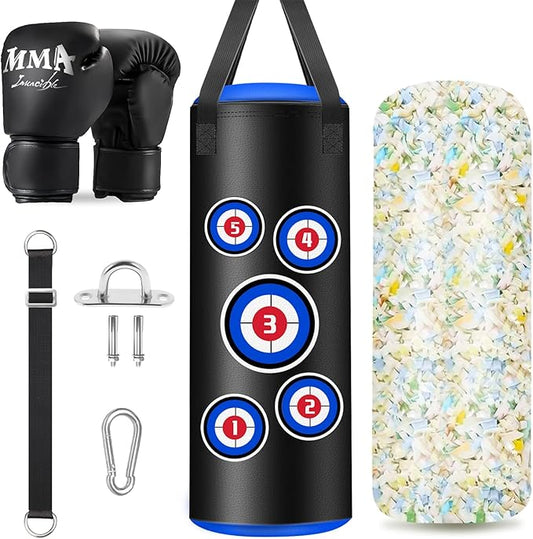 Hanging Punching Bag for Kids, 2FT PU Leather Kicking Bag with Boxing Bag Gloves, Heavy Bag Boxing Equipment for Training Karate Muay Thai Kick Taekwondo(Unfilled)