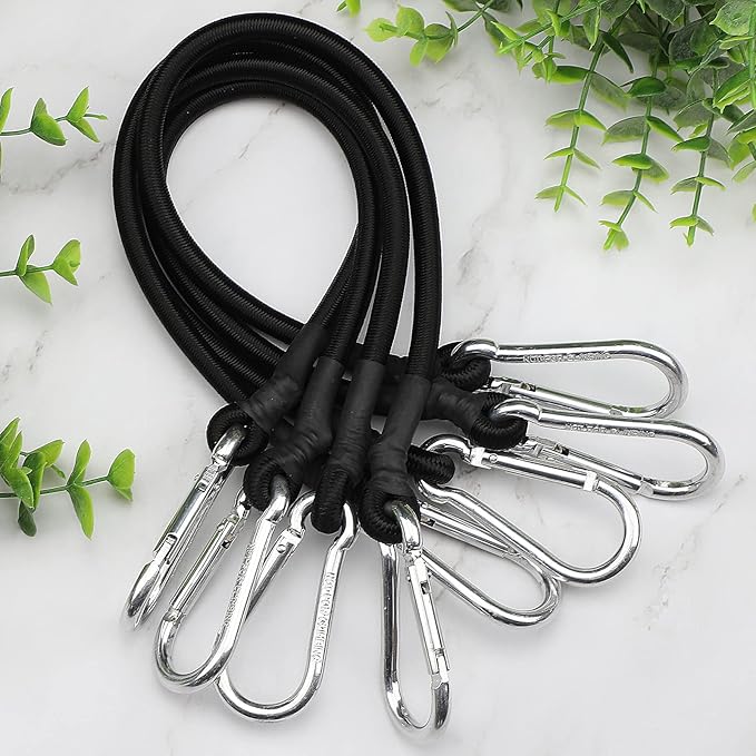ZHOUBIN 18 Inch Black Bungee Cords with Carabiner Hooks, 4Pcs