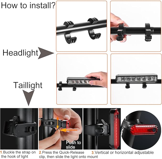Bright Bike Light Set for Night Riding, LED Bicycle Light High Beam Low Beam, USB-C Rechargeable Bicycle Headlight Set, Waterproof Bike Headlight and Taillight for Adult Kid Mountain