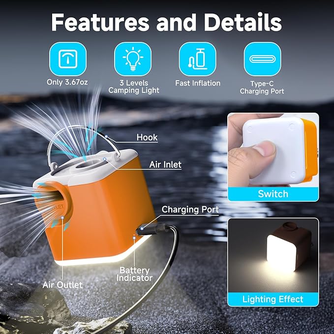 Portable Air Pump for Inflatables, 4.5kPa Mini Air Mattress Pump with Camping Light, 2400mAh Battery Rechargeable Air Pump for Pool Floats, Sleeping Pads, Swimming Ring, Vacuum Storage Bags