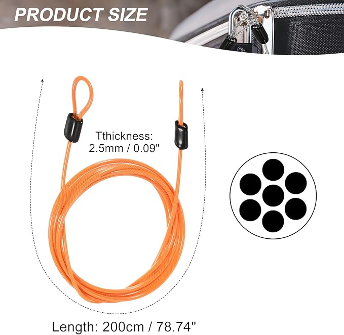 MECCANIXITY Security Steel Cable Lock, Safety Cable Flexible Wire Rope Luggage Lock 6.5feet 2.5mm Vinyl Coated Braided Steel with Double Loop for Bike Bicycle U-Lock Padlock Orange