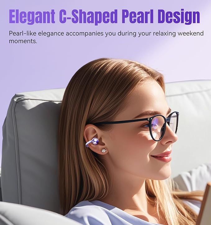 King Lucky Clip on Earbuds Open Ear Wireless Bluetooth 5.4 Headphones with Mic, 50H Play, Noise Cancelling, Waterproof, Comfortable for Small Ears & Glasses Wearers, Sports, Workouts, Purple