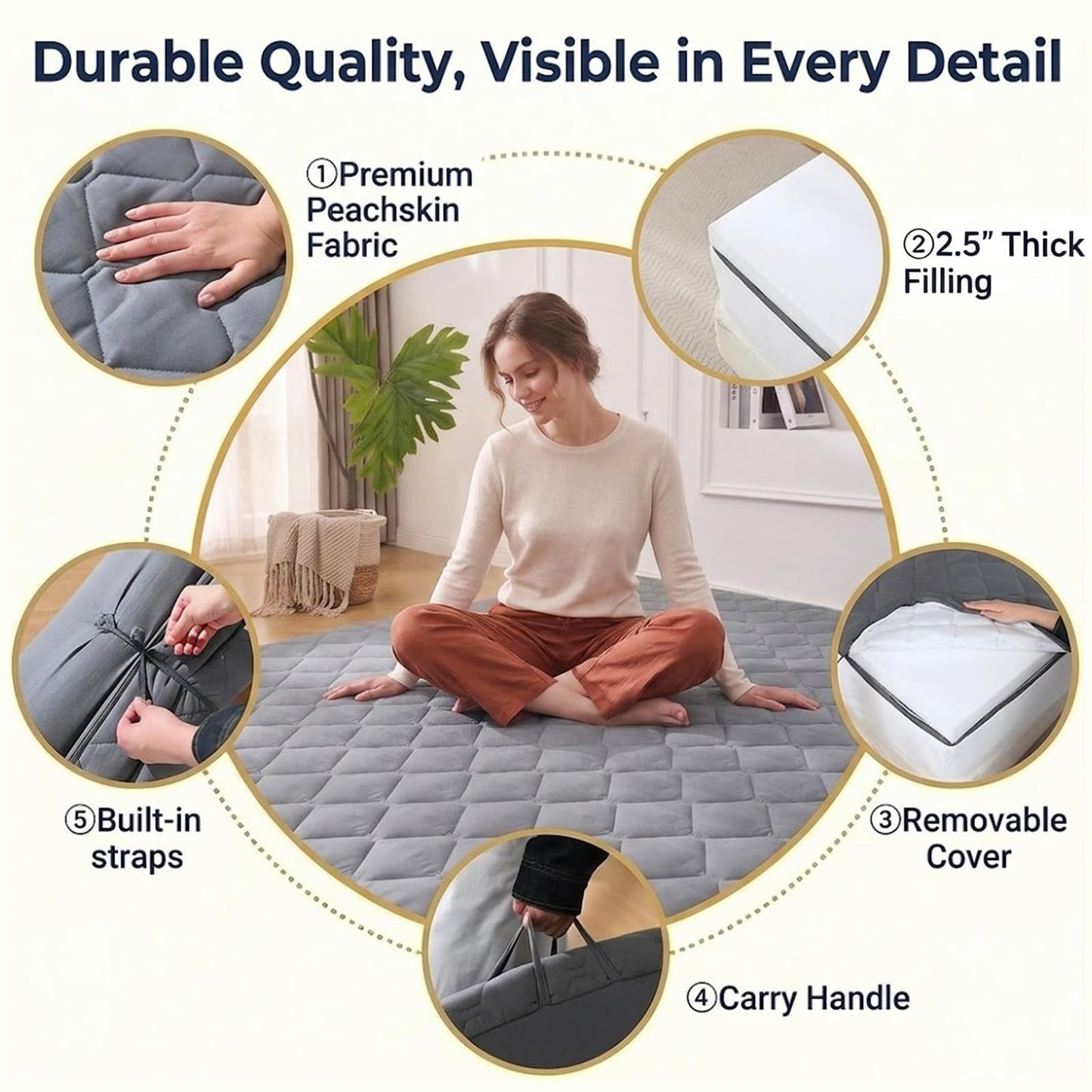 DOWNSTORIA Japanese Floor Mattress, Futon Mattress Roll Up Tatami Mat with Handle, Foldable Floor Bed Sleeping Pad for Camping, Twin Size, Grey(39x75)