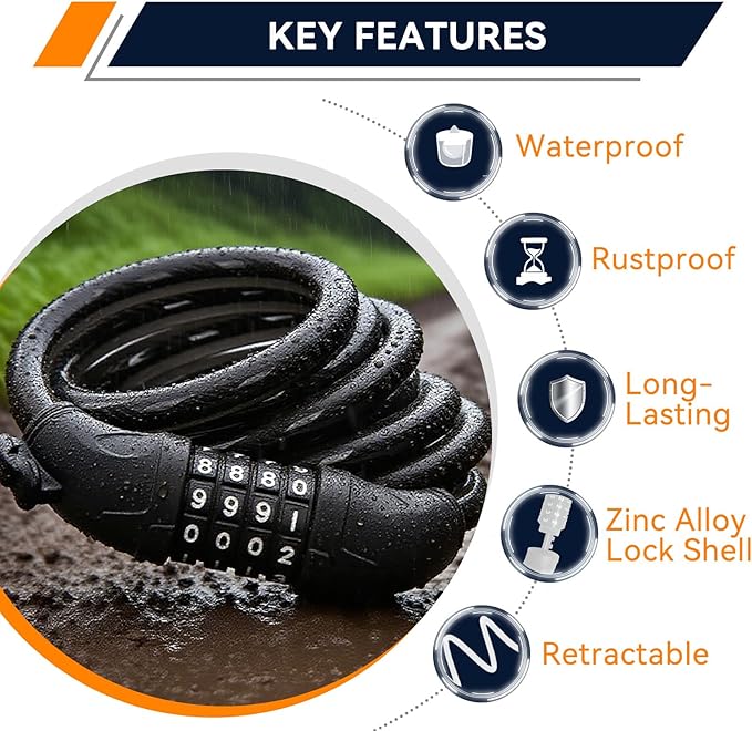 SEPOX® 2Pcs Pack 6FT Extra Long Cable Combination Bike Locks, 4 Digits Retractable Security Lock, 12mm Heavy Duty Anti Theft Anti Rust Cable for Bicycle, Scooter, Gate, Outdoor Equipment, Weatherproof