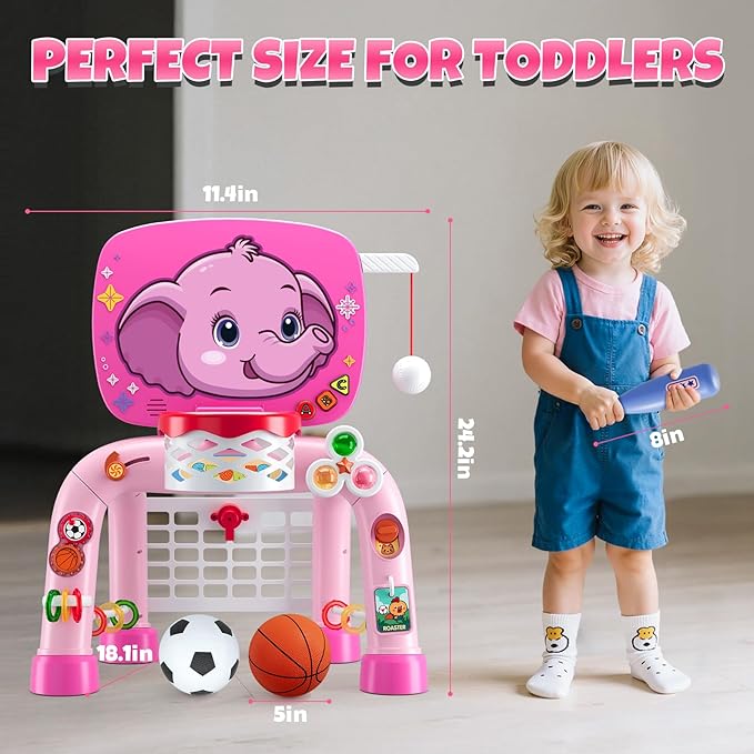 Toddler Basketball Hoop & Soccer Goal Tball Set, Kids Sport Toys with Light & Sound, Musical Activity Center Toys for 1 2 3 Years Old Girls, Christmas Birthday Gifts for Baby 12-18 Months