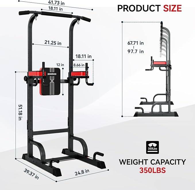 Pooboo Power Tower Dip Station Pull Up Bar for Fitness Home Gym Workout,Multi-Function Adjustable Height Fitness Strength Training Exercise Equipment,with Power Elastic Ropes