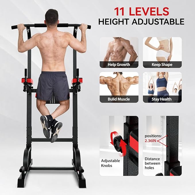 Pooboo Power Tower Dip Station Pull Up Bar for Fitness Home Gym Workout,Multi-Function Adjustable Height Fitness Strength Training Exercise Equipment,with Power Elastic Ropes