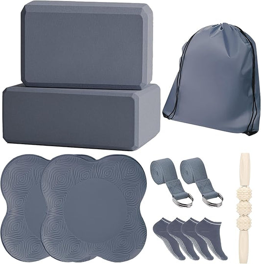 2 Yoga Blocks Supportive Accessories including 2 Knee Pads, 2 With Strap To Put Less Weight On Wrists, 1 Muscle Massage Roller, 2 Pair of Non-Slip Pilates Socks, 1 GYM Bag, Durable Versatile Yoga Brick Exercise Set of 10