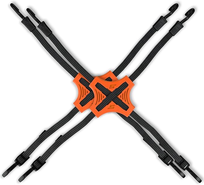 Tack Strap – 4-Way Flat Bungee Cord with Rubber Pad Grip, Non-Slip Tie Down Straps for Motorcycle, ATV, Kayak, Cycling, Camping, Truck Storage, Adjustable Bungee Cords - 2 Pack (Orange)