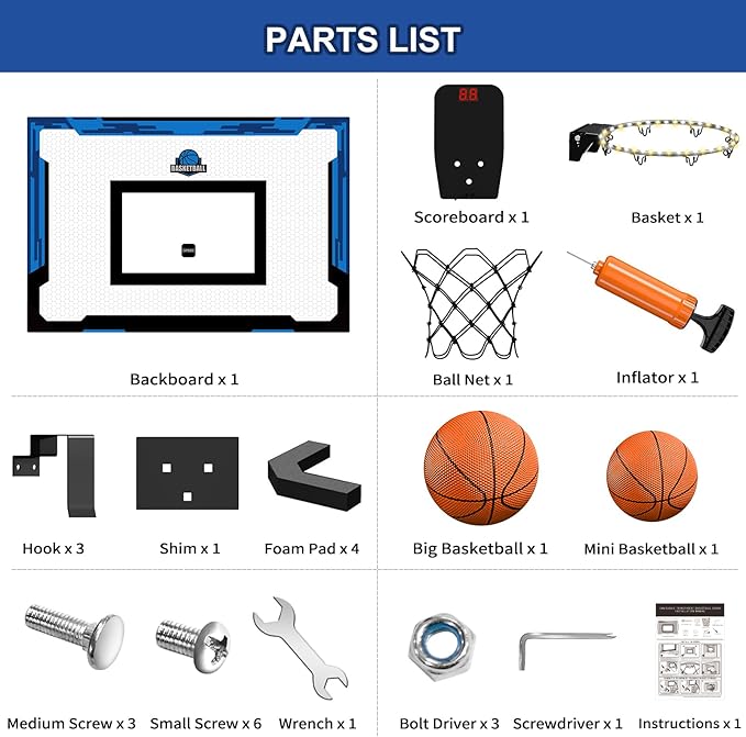 24" x 16" Large Basketball Hoop Indoor for Adults, Over The Door Basketball Hoop with Electronic Scoreboard/LED Rim, Big Basketball Toys Gifts Ideas for Man Kids Teens Boys Girls, Blue