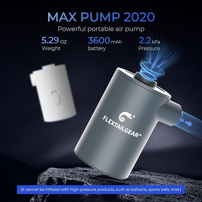 FLEXTAILGEAR MAX Pump Portable Air Pump with 3600mAH Battery USB Rechargeable Air Pump-Quick Inflate Deflate for Sleeping Pads, Air Mattress, Pool Toys, Swimming Ring, Air Bed (Space Gray)