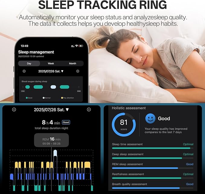 Smart Ring with Vibration Alerts, Health Tracker Ring with Body Temperature Monitor, Heart Rate, Sleep & Fitness Tracking, Waterproof Activity Ring for Men & Women, No App Fees (Silver, 7#)