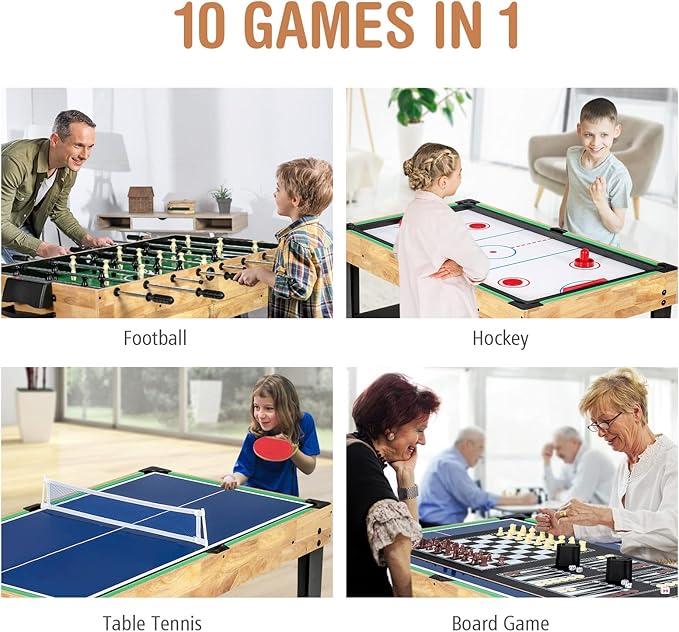 Goplus 10-in-1 Combination Multi Game Table Set, Adult Size Combo Game Table W/Foosball, Table Tennis, Pool, Air Hockey Table, Bowling, Chess, Checkers, Backgammon for Family Game Night