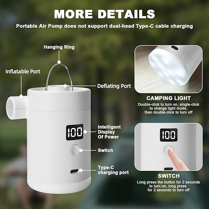 Portable Air Pump for Inflatables: Type-C Rechargeable with 4000mAh Battery Lightwight Ultra-Fast Inflate Deflate Electric Air Pumps with Camping Light for Sleeping Pads, Pool Toys, Floats