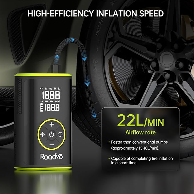 Roadvo Tire Inflator Portable Air Compressor-3X Fast 150 PSI Cordless Air Pump with Digital Tire Pressure Gauge,Auto Shutoff & LCD Display,Portable Bike Pump for Car Tires,Ebike,Motorcycle,Balls