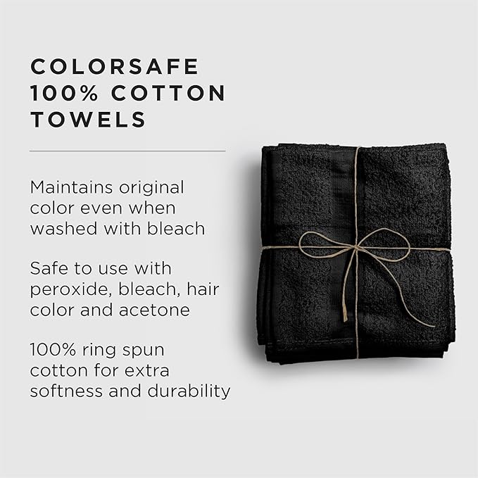 Fromm ColorSafe 100% Cotton Bleach Proof Salon Hair Towels, for Hairstylists, Barbers, Spa, Gym, Absorbent and Stain-Resistant Black Towels for Drying Long, Curly, or Wavy Hair, 16" x 29", 6 Pack