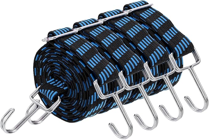 uxcell 4Pcs Adjustable Bungee Cords with Hooks, 79 Inch Flat Heavy Duty Elasticity Straps Rubber Bungee Cords with Buckle for Outdoor, Camping, Tarp, Bike Rack, Luggage, Black Blue