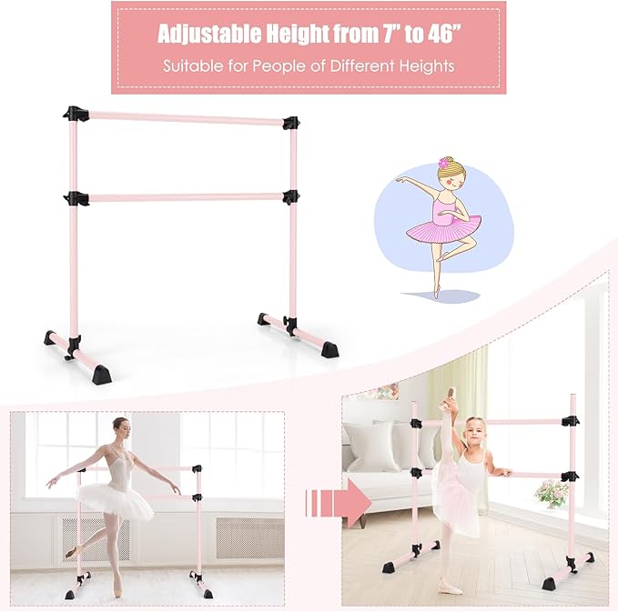 GOFLAME 4FT Ballet Barre Portable, Freestanding Double Ballet Barre Height Adjustable with Anti Slip Base, Heavy Duty Stretch Dance Bar for Home Workout
