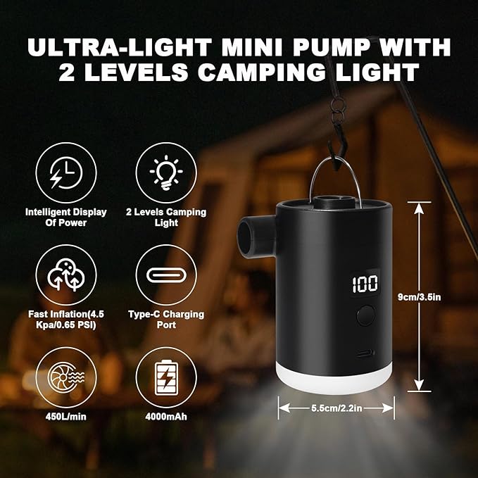 Portable Air Pump for Inflatables: Type-C Rechargeable with 4000mAh Battery Lightwight Ultra-Fast Inflate Deflate Electric Air Pumps with Camping Light for Sleeping Pads, Pool Toys, Floats