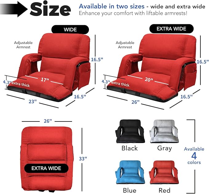 Wide Stadium Seats with Back Support, Exclusive Sofa Style Design Extra Thick Bleacher Chairs with Back and Cushion, 6 Reclining Positions - Ultimate Comfort for Sports Events (Red, 25")