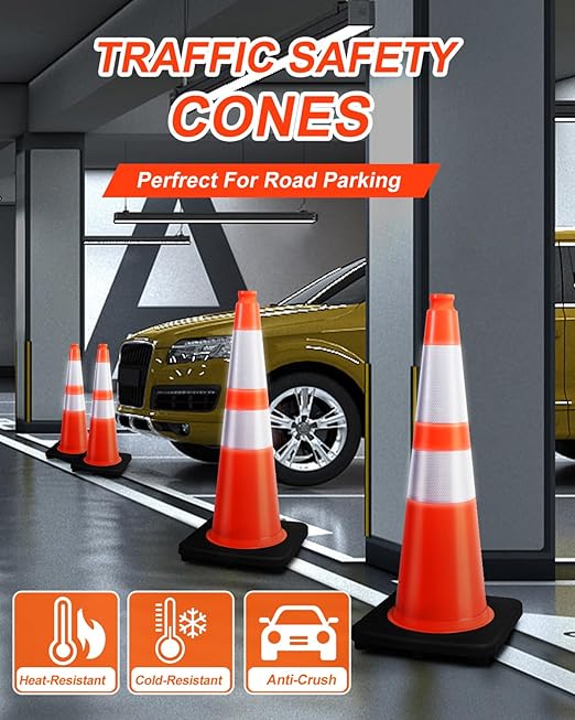 (8 Cones) BESEA 28” inch Orange PVC Traffic Cones, Black Base Construction Safety Cones Road Parking Cone Structurally Stable Wearproof (28" Height)