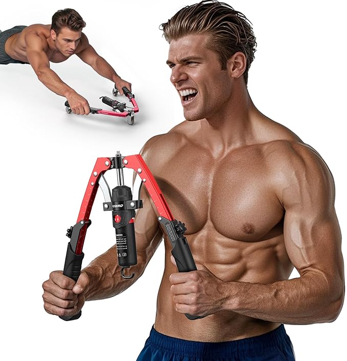 FLYBIRD Chest & Arm Twister Trainer, Hydraulic Power Chest Press Machine 22-440lbs for Upper Body Strength Training, 2-in-1 Chest Trainer with Ab Roller Wheel (Backpack & Pad Included)