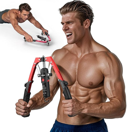 FLYBIRD Chest & Arm Twister Trainer, Hydraulic Power Chest Press Machine 22-440lbs for Upper Body Strength Training, 2-in-1 Chest Trainer with Ab Roller Wheel (Backpack & Pad Included)