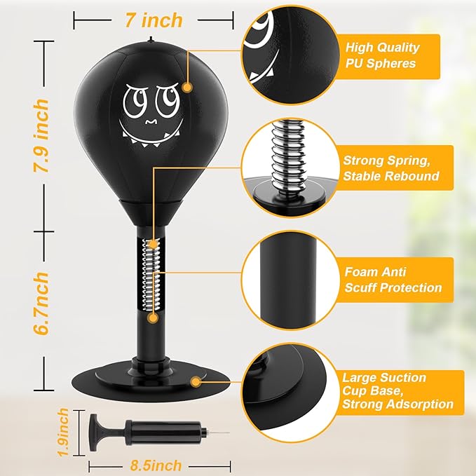 Strong Suction Desktop Punching Bag - Stress Relief Boxing Ball with Upgraded Durable Spring, Secured Office Home Desk Toy Gift for Kids, Friends, and Coworkers