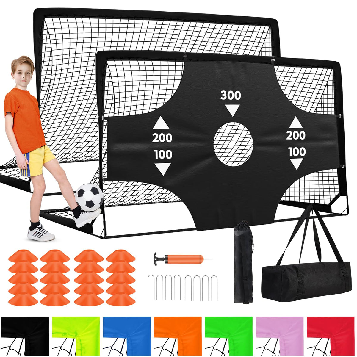 Fololicx Soccer Goals for Backyard, 2 of 6x4ft Kids Soccer Net Training Equipment Track Field Race Hurdles, Portable Pop Up Toddler Soccer Goal with Soccer Ball, Scoring Target Cloth, and Cones