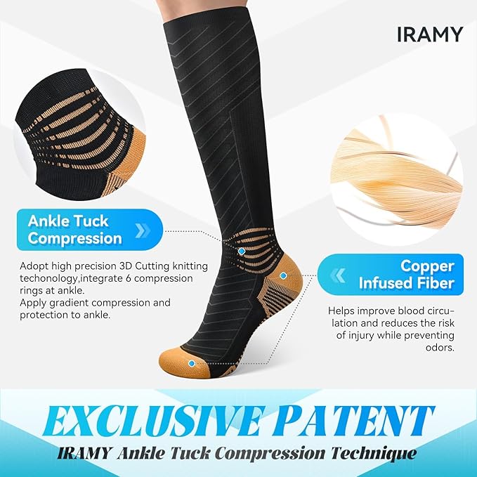 IRAMY Copper Compression Socks for Men Women 15-20 mmHg Ankle Support V-Shape Gradient Compression Coolmax Wicking Knee High Socks