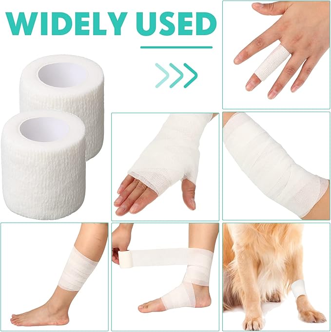 Treela 64 Pack 2" x 5 Yards Self Adhesive Cohesive Bandage Wraps, Elastic Breathable Athletic Tape, Flexible Self Adherent Bandage Rolls for Wrist, Ankle, Fingers, Sports & Pets (White)