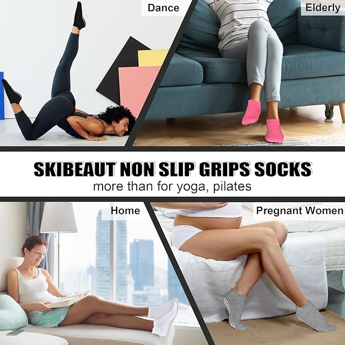 SkiBeaut Grips Non Slip Socks for Women, 4 Pairs Yoga Pilates Anti Skid Woman Hospital Gripper Socks (5-12)