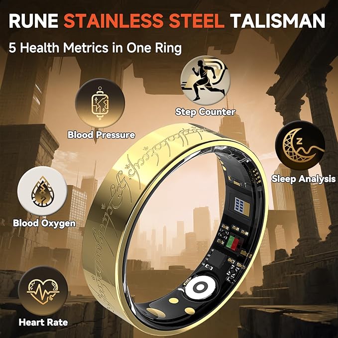 Ultra Smart Ring for Women Men,Health Fitness Tracker with Sleep/Blood Pressure/Oxygen Monitoring, Heart Rate & Activity Tracking,IP68 Waterproof, 5+Day Battery,No Subscription Fee 1-Gold 11