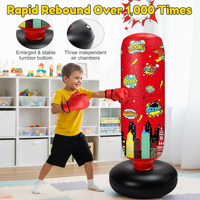 Jenaai Inflatable Punching Bag for Kids, 40" Spiderweb Punching Bag, Spiderweb Boxing Kit with Gloves and Air Pump for Daily Exercise, Family Time, Karate, Practice, Taekwondo