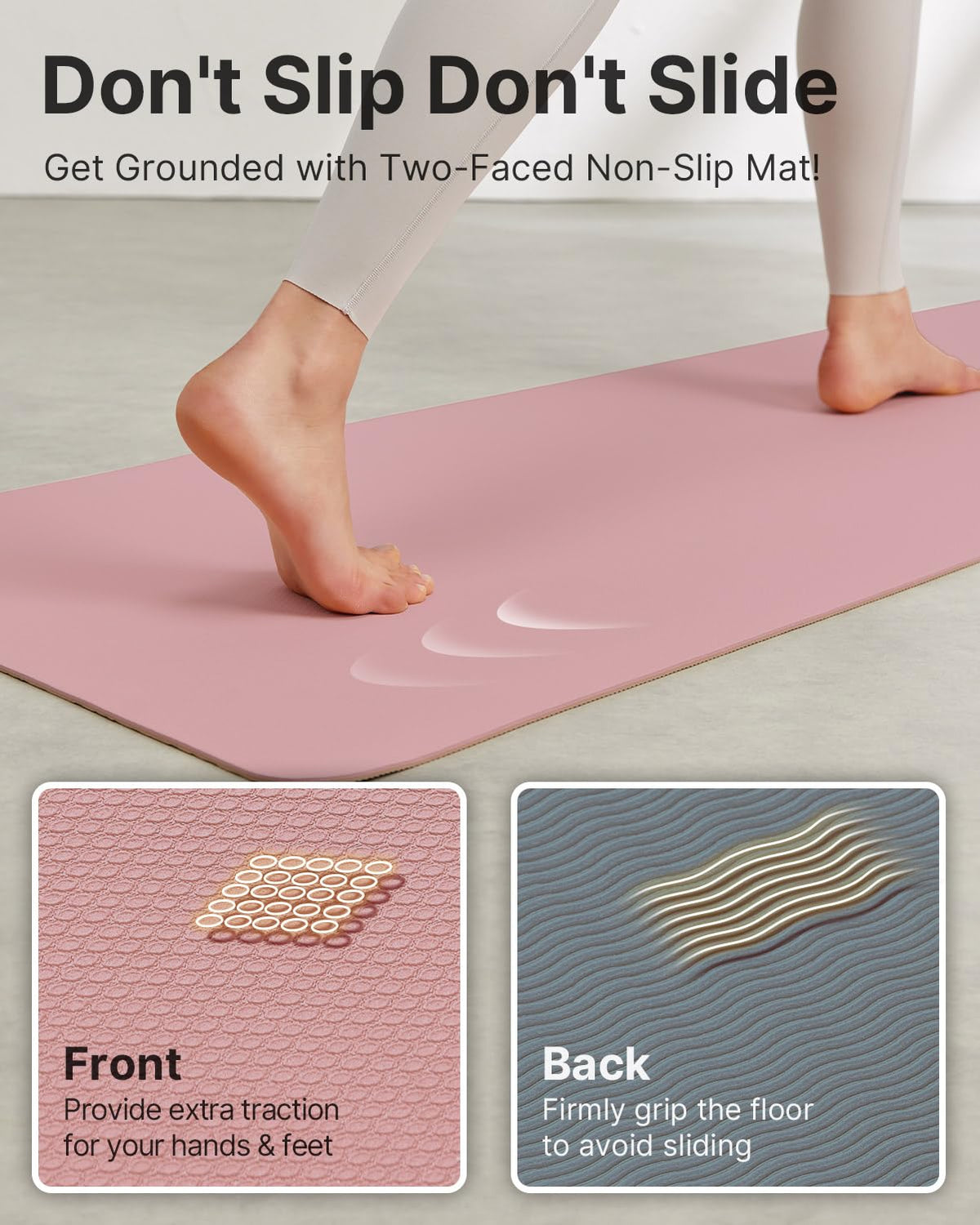 YOTTOY Yoga Mat, Non-Slip TPE Exercise Mat (1/4 Inch) for Pilates, Fitness & Barefoot Workouts, Home Gym Studio with Strap & Bag (Rose, 24 * 0.24 Inches)