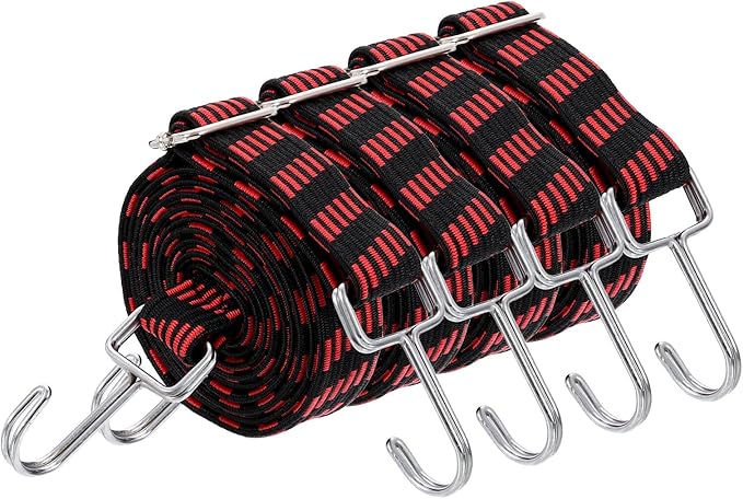 uxcell 4Pcs Adjustable Bungee Cords with Hooks, 79 Inch Flat Heavy Duty Elasticity Straps Rubber Bungee Cords with Buckle for Outdoor, Camping, Tarp, Bike Rack, Luggage, Black Red