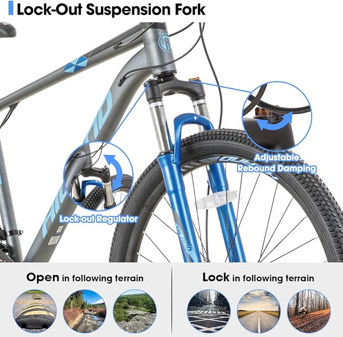 HILAND 27.5 inch Mountain Bike 21 Speeds, Lock-Out Suspension Fork, Aluminum Frame Hydraulic Disc-Brake for Men Women Mens MTB Bicycle Adlut Bike
