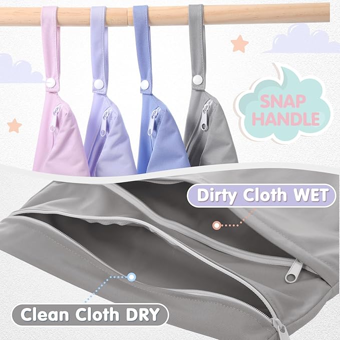 SATINIOR 4 Pack Wet Dry Bags for Baby Cloth Diapers Washable Travel Swimsuit Wet Bags Reusable with Two Zippered Pockets for Yoga Gym Swimsuits Travel Beach Pool Soiled Items(Dreamy Colors)