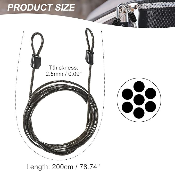 MECCANIXITY Security Steel Cable Lock, Safety Cable Flexible Wire Rope Luggage Lock 6.5feet 2.5mm Vinyl Coated Braided Steel with Double Loop for Bike Bicycle U-Lock Padlock Grey