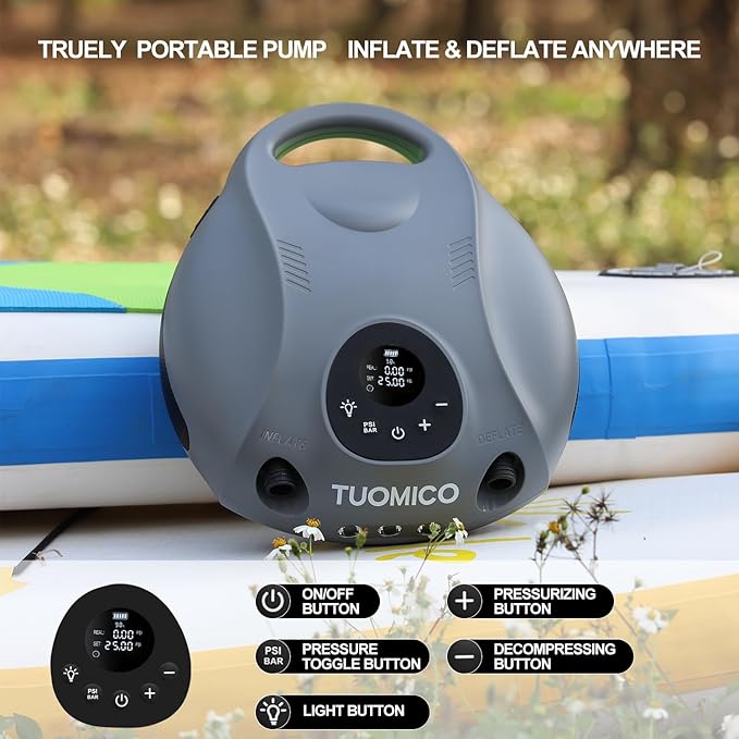 Tuomico 25PSI Paddle Board Pump Electric Portable Sup Air Pump-14.8V Rechargeable Battery Powered, 4 Mins Blow up, Auto-Off for Inflatable Paddleboard Kayak Boat Kite Wing