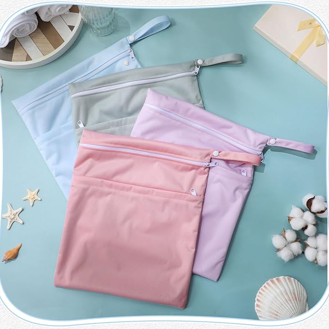 SATINIOR 4 Pack Wet Dry Bags for Baby Cloth Diapers Washable Travel Swimsuit Wet Bags Reusable with Two Zippered Pockets for Yoga Gym Swimsuits Travel Beach Pool Soiled Items(Morandi Color)